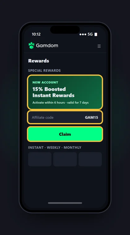 Illustrasjon av en mobil med Special Rewards hos Gamdom der 15 % Boosted Instant Rewards aktiveres med koden GAM15