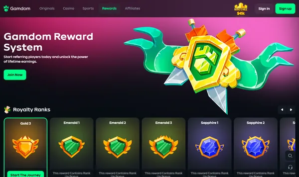 Rewards-siden hos Gamdom med rangene Gold, Emerald og Sapphire i Royalty Ranks