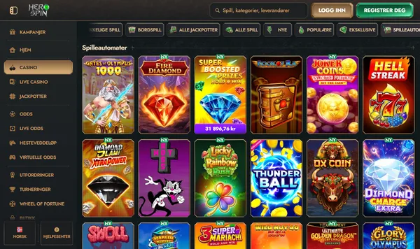 Automatlobbyen hos Herospin med Gates of Olympus 1000, Fire Diamond og andre spilleautomater