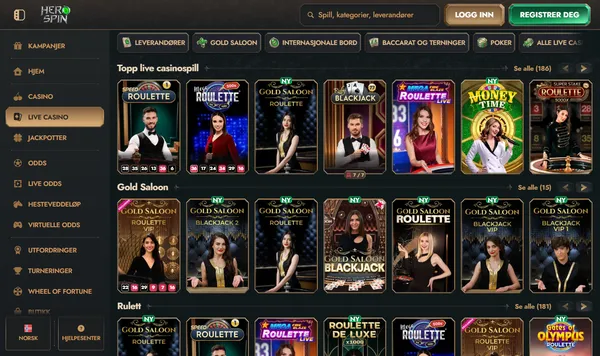 Live casino hos Herospin med Speed Roulette, Ruby Blackjack og Gold Saloon-bordene