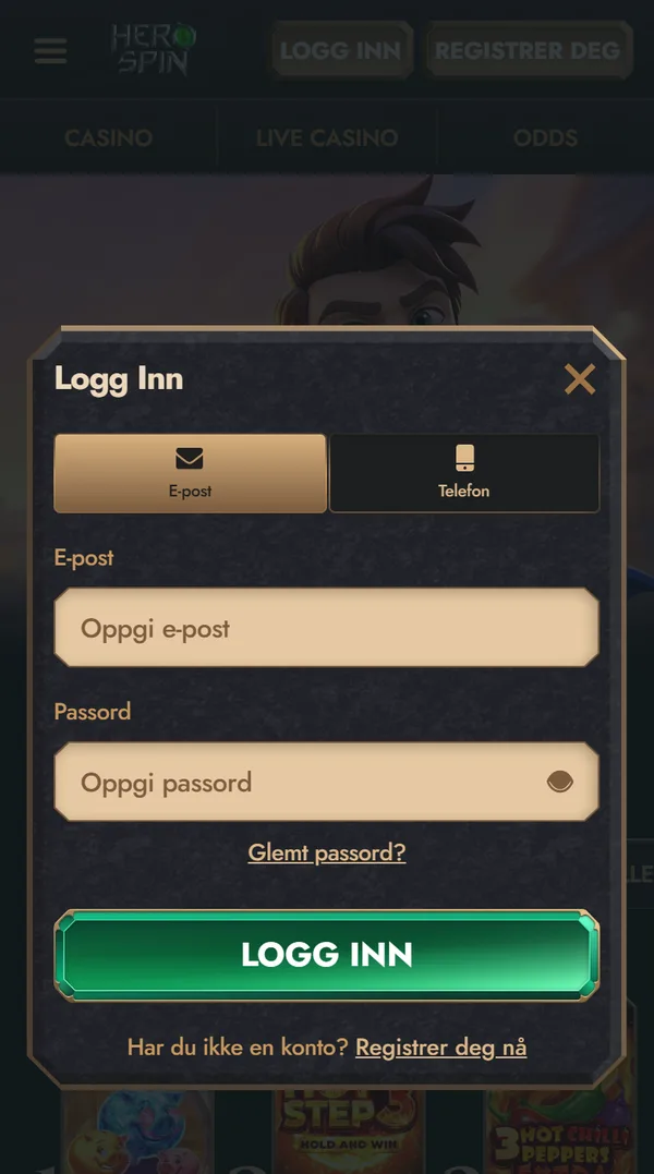 Innloggingen hos Herospin på mobil