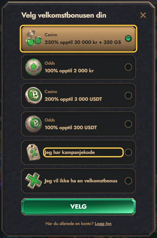 Vinduet Velg velkomstbonusen din hos Herospin med casinobonusen og valget Jeg har kampanjekode