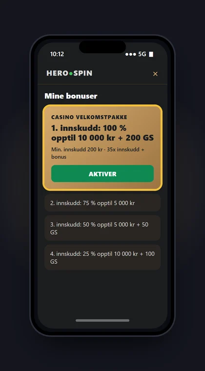 Illustrasjon av en mobil med Mine bonuser hos Herospin der velkomstbonusen aktiveres