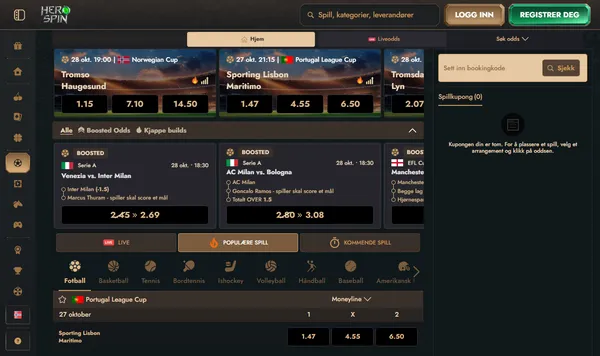 Sportsboken hos Herospin med odds på Norwegian Cup og boostede odds på Serie A