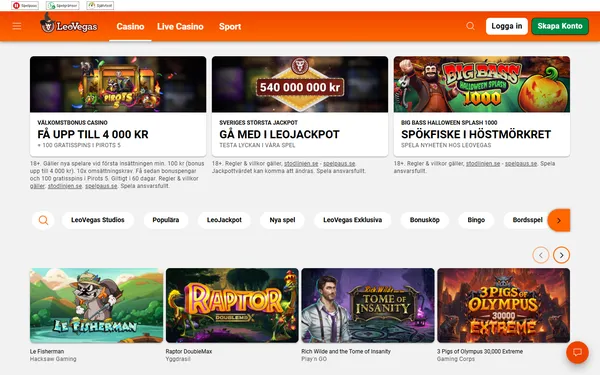 Casinolobbyen hos LeoVegas med velkomstbonus, LeoJackpot og spillkategorier