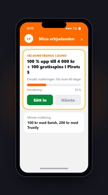 Illustrasjon av en mobil med Mina erbjudanden hos LeoVegas og velkomstkortet for casino