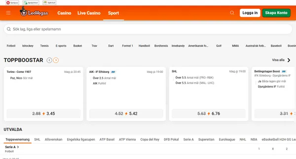 Sportsboken hos LeoVegas med idretter og forhøyede odds