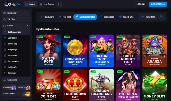 Automatlobbyen hos Lucky Vibe med 3 Witch Pots, Coin Win 2 og Fortune Trio