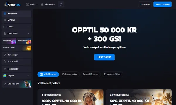 Kampanjesiden hos Lucky Vibe med velkomstpakken opptil 50 000 kr + 300 gratisspinn