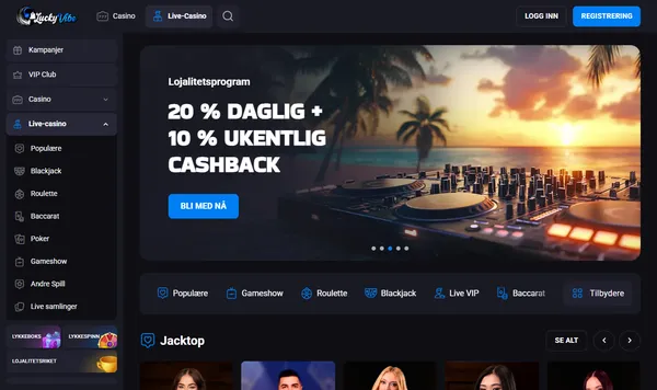 Live casino hos Lucky Vibe med fanene Populære, Gameshow, Roulette, Blackjack og Live VIP