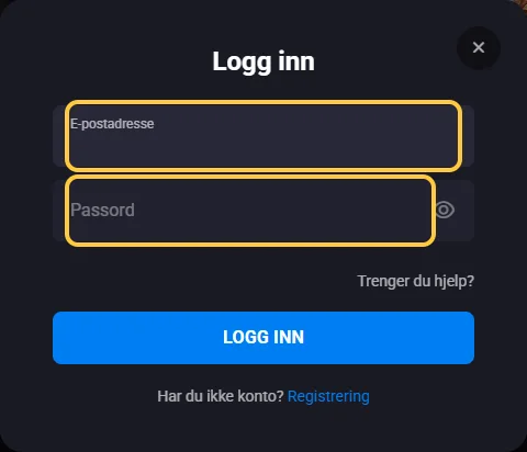 Innloggingsvinduet hos Lucky Vibe med feltene E-postadresse og Passord