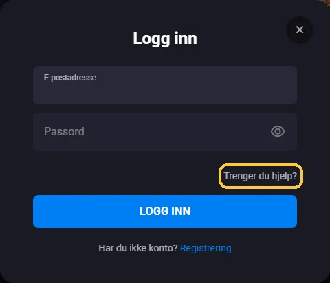Lenken Trenger du hjelp? i innloggingsvinduet hos Lucky Vibe