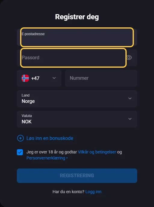 Registreringsskjemaet hos Lucky Vibe med e-post, passord, mobil, land og valuta
