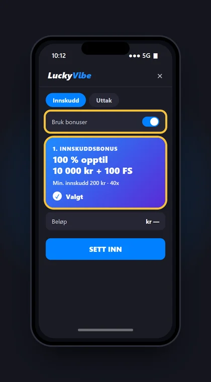 Illustrasjon av en mobil med innskuddsskjemaet hos Lucky Vibe der «Bruk bonuser» er slått på og 1. innskuddsbonus er valgt