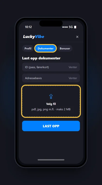 Illustrasjon av en mobil med fanen Dokumenter i profilen hos Lucky Vibe der ID og adressebevis lastes opp