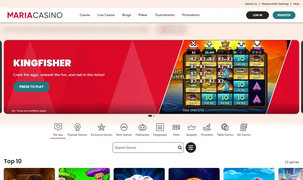 Forsiden på mariacasino.com med menyen Casino, Live Casino, Bingo, Poker, Tournaments og Promotions
