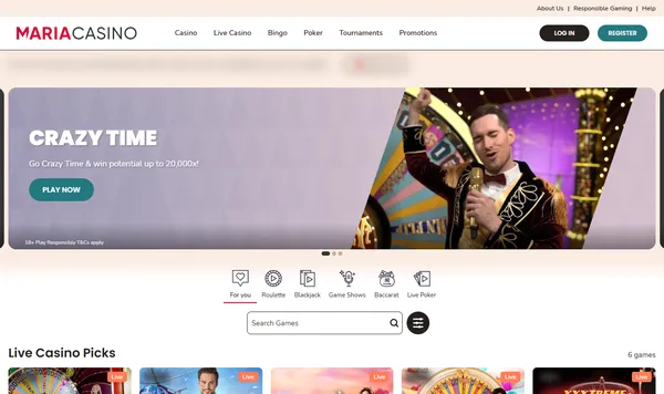 Live casino hos Maria Casino med Crazy Time og faner for rulett, blackjack, game shows, baccarat og live poker