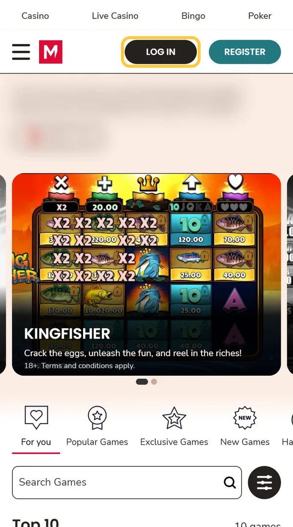 Mobilsiden til Maria Casino: den røde M-logoen og knappene LOG IN og REGISTER
