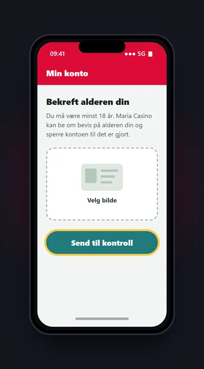 Illustrasjon: mobilskjerm fra Maria Casino-kontoen med beskjed om å sende inn bevis på at du er minst 18 år