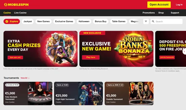 Casinolobbyen hos MobileSpin, tidligere Mobilautomaten, med kategorier og turneringer