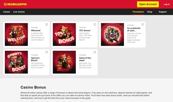 Kampanjesiden hos MobileSpin med velkomsttilbud, 10 % bonus og Spinny's Boost