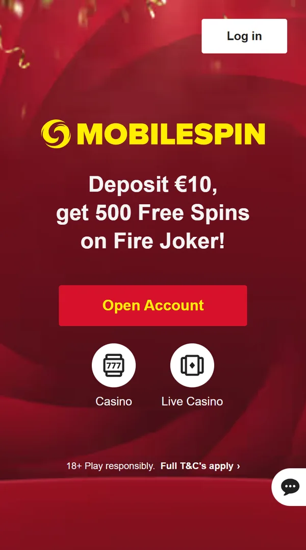 Forsiden til MobileSpin på mobil med 500 gratisspinn og knappen Open Account