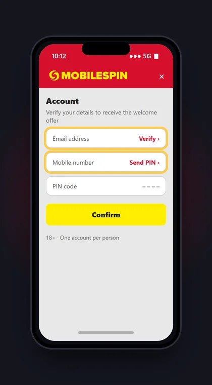 Illustrasjon av en mobil der e-post og mobilnummer bekreftes under Account hos MobileSpin