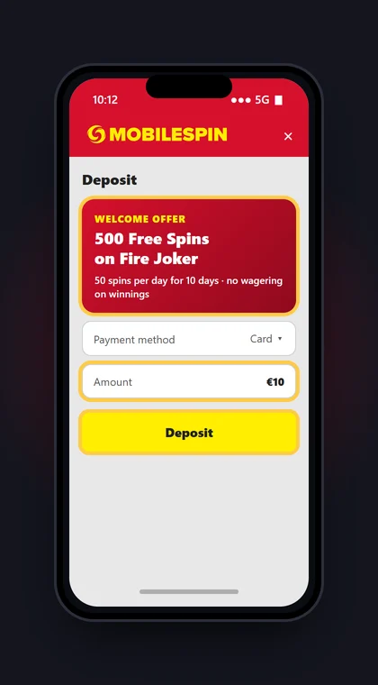 Illustrasjon av en mobil med første innskudd på €10 og velkomsttilbudet 500 Free Spins hos MobileSpin