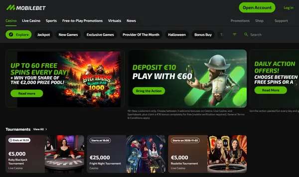 Casinolobbyen med fanene Jackpot, New Games, Exclusive Games og Bonus Buy og tre turneringer