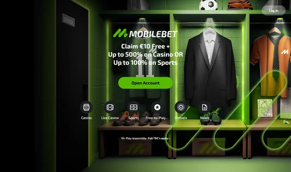 Forsiden på mobilebet.com med €10 gratis, 500 % på casino eller 100 % på sport og knappen Open Account