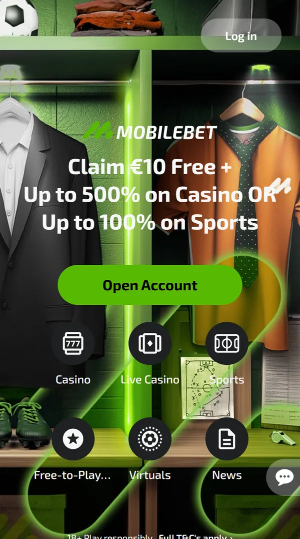 Forsiden på mobil med Log in øverst, velkomsttilbudet og knappen Open Account