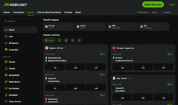 Sportsboken med Live, Lucky Bet, Odds Boost og populære kamper med Bet Builder