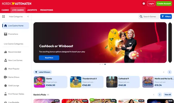 Live casino hos NordicAutomaten med kategoriene Game Shows, Gold Lounge og First Person Tables