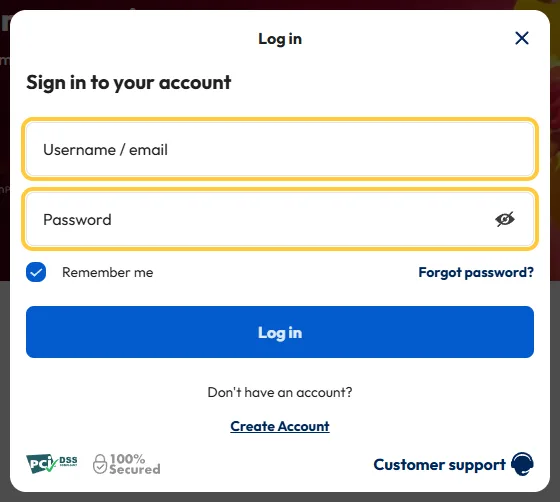 Innloggingsvinduet hos NordicAutomaten med feltene Username / email og Password