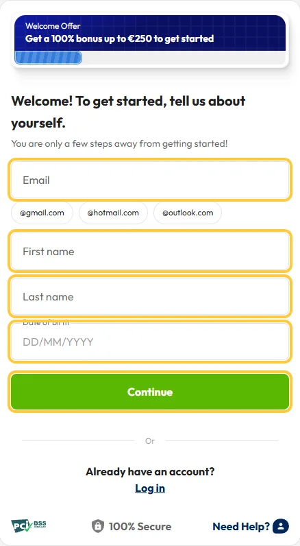 Registreringen hos NordicAutomaten med feltene Email, First name, Last name, Date of birth og knappen Continue