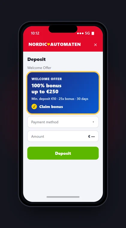 Illustrasjon av en mobil med innskuddet hos NordicAutomaten der velkomstbonusen på 100 % opptil €250 hentes