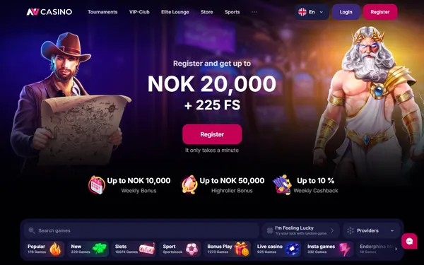 Forsiden til NV Casino med velkomsttilbudet NOK 20,000 + 225 FS og spillkategoriene