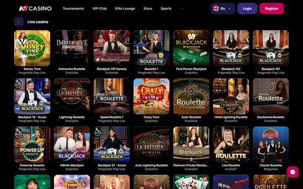 Live casino-lobbyen hos NV Casino med Money Time, Lightning Roulette og blackjackbord