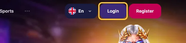 Den lilla knappen Login øverst til høyre hos NV Casino