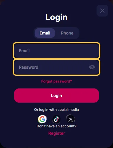 Innloggingsvinduet hos NV Casino med fanene Email og Phone og feltene Email og Password