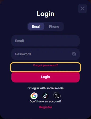 Lenken Forgot password i innloggingsvinduet hos NV Casino