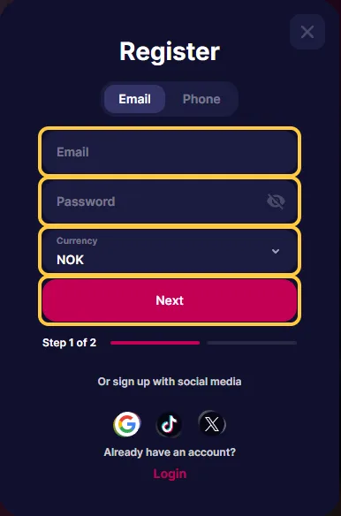 Registreringsvinduet hos NV Casino med feltene Email, Password, Currency NOK og knappen Next