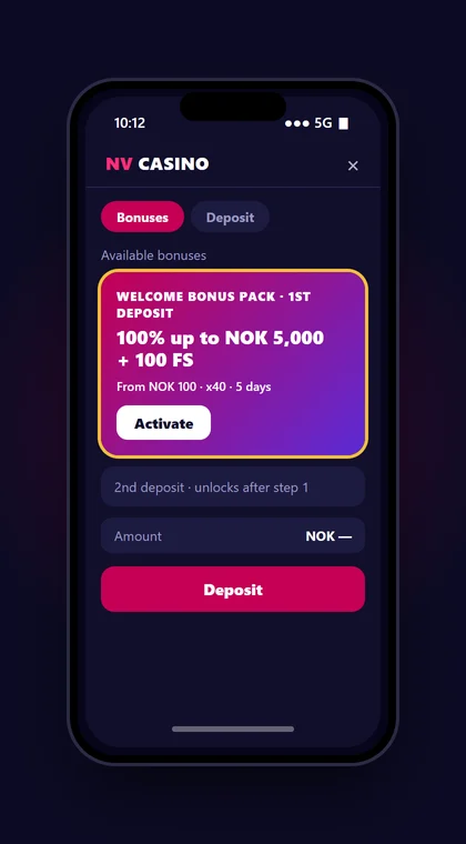 Illustrasjon av en mobil med Bonuses i profilen hos NV Casino der første trinn av velkomstpakken aktiveres før innskuddet