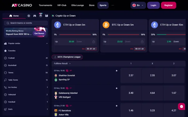 Sportsboken hos NV Casino med Champions League-odds og idrettene i venstremenyen