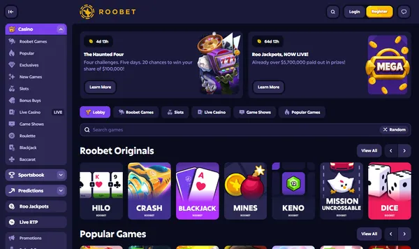 Casinolobbyen hos Roobet med Roobet Originals: HiLo, Crash, Blackjack, Mines, Keno, Mission Uncrossable og Dice