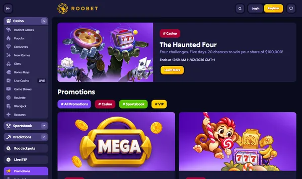 Kampanjesiden hos Roobet med The Haunted Four og Roo Jackpots