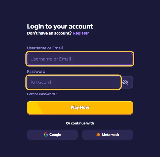 Innloggingsvinduet Login to your account hos Roobet med feltene Username or Email og Password