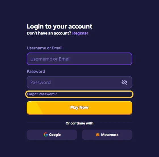 Lenken Forgot Password i innloggingsvinduet hos Roobet