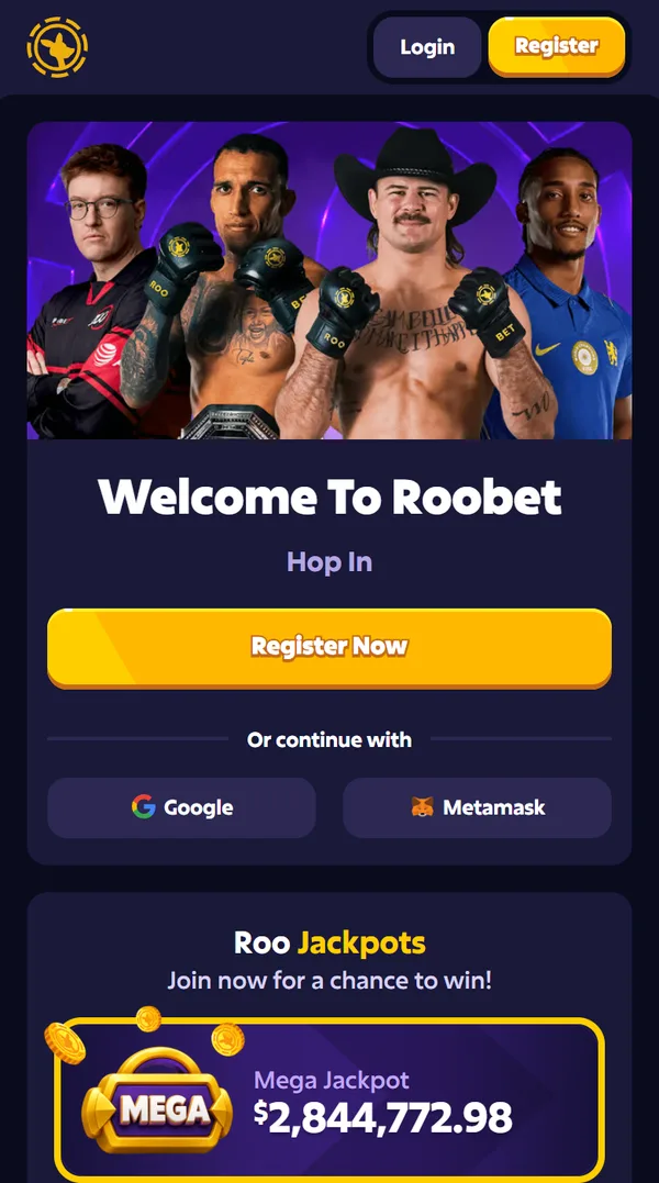 Roobet på mobil med Welcome To Roobet, Register Now og Roo Jackpots