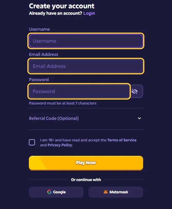 Registreringsvinduet Create your account hos Roobet med feltene Username, Email Address og Password